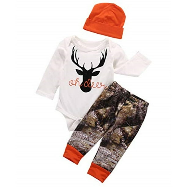 NSBE 3Pcs Newborn Baby Boys Deer Antlers Print Camouflage Outfit Short//Long Sleeve Romper+Elastic Pants+Hat Clothes